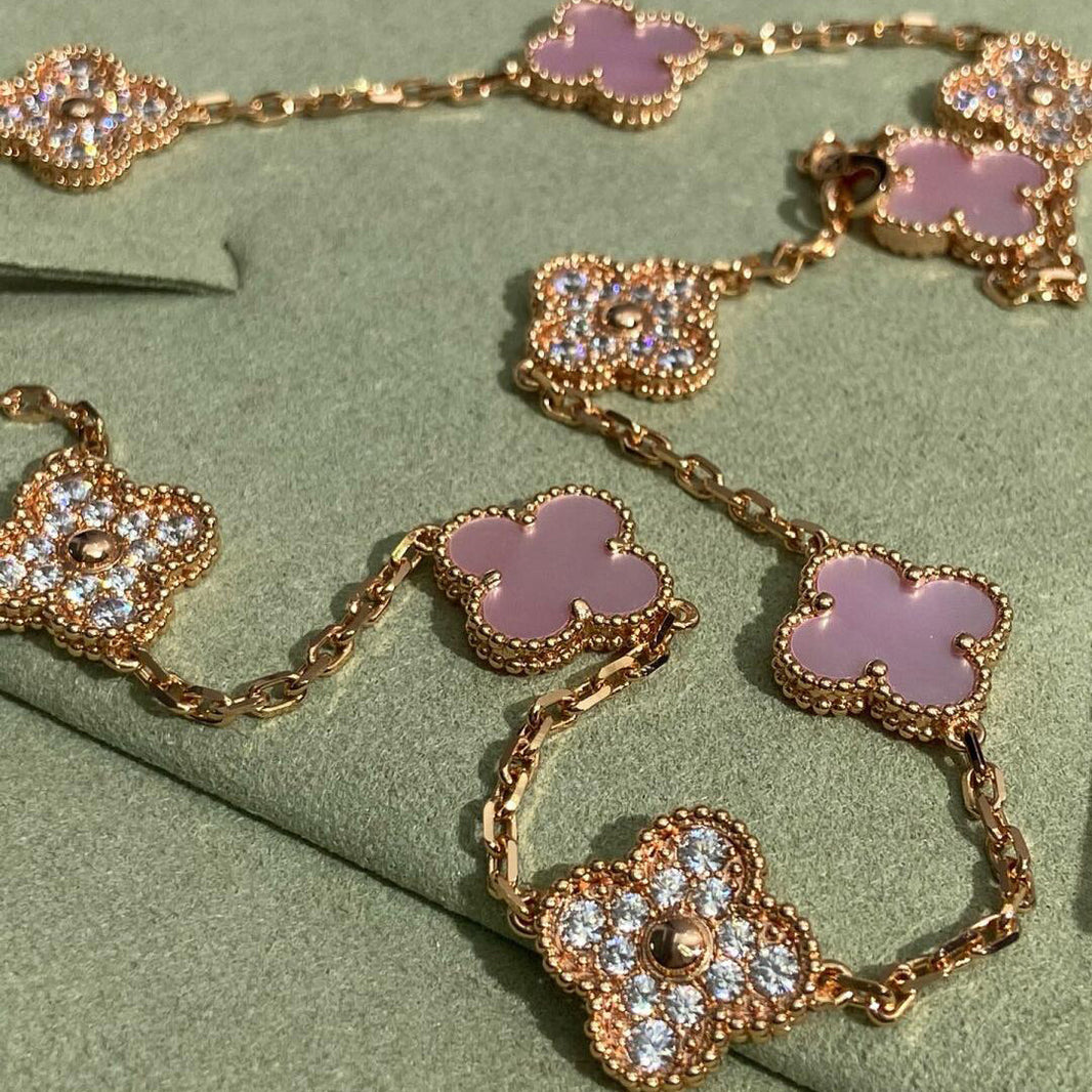 [Luna Brilliance]CLOVER 10 MOTIFS DIAMOND PINK MOP NECKLACE