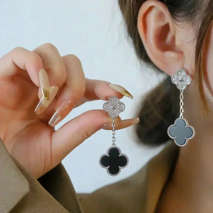 [Luna Brilliance]CLOVER 2 MOTIFS  DIAMOND ONYX EARRINGS SILVER