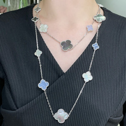 [Luna Brilliance]CLOVER 16 MOTIF CHALCEDONY MOP SILVER NECKLACE