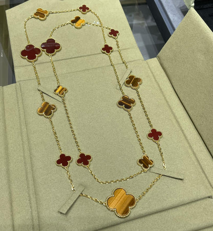 [Luna Brilliance]CLOVER 16 MOTIF CARNELIAN TIGER EYE ROSE GOLD NECKLACE