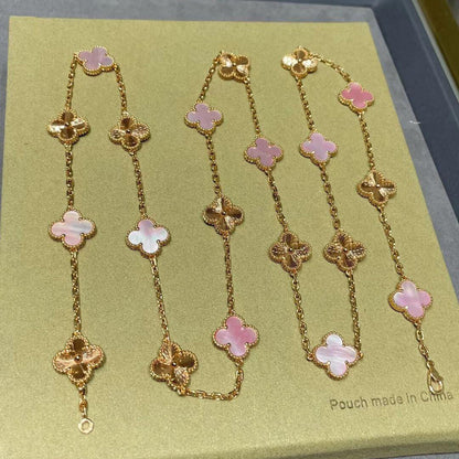 [Luna Brilliance]CLOVER 20 MOTIFS LASER PINK MOP NECKLACE