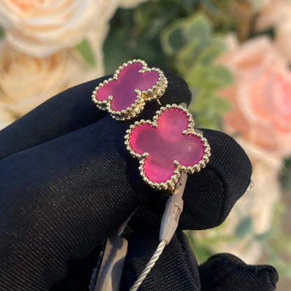 [Luna Brilliance]NEW CLOVER 15MM PINK ENAMEL STUD EARRINGS