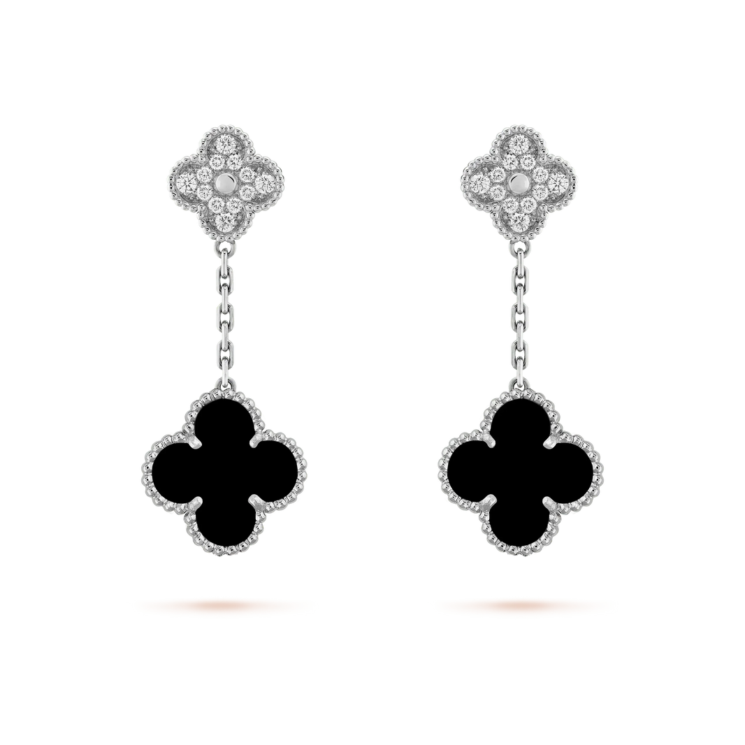 [Luna Brilliance]CLOVER 2 MOTIFS  DIAMOND ONYX EARRINGS SILVER