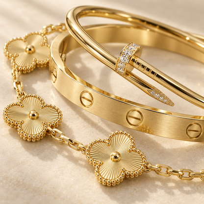 [Luna Brilliance] Clover & Love & Juste 3-Piece Gold Bracelet Stack Set