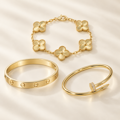 [Luna Brilliance] Clover & Love & Juste 3-Piece Gold Bracelet Stack Set