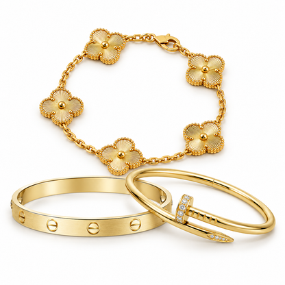 [Luna Brilliance] Clover & Love & Juste 3-Piece Gold Bracelet Stack Set