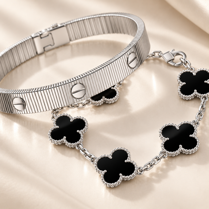 [Luna Brilliance]Clover & Love Sliver 2-Piece Bracelet Stack Set