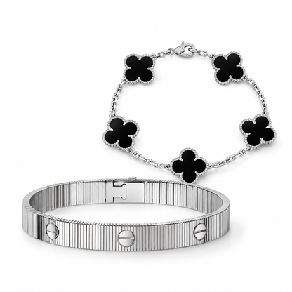 [Luna Brilliance]Clover & Love Sliver 2-Piece Bracelet Stack Set