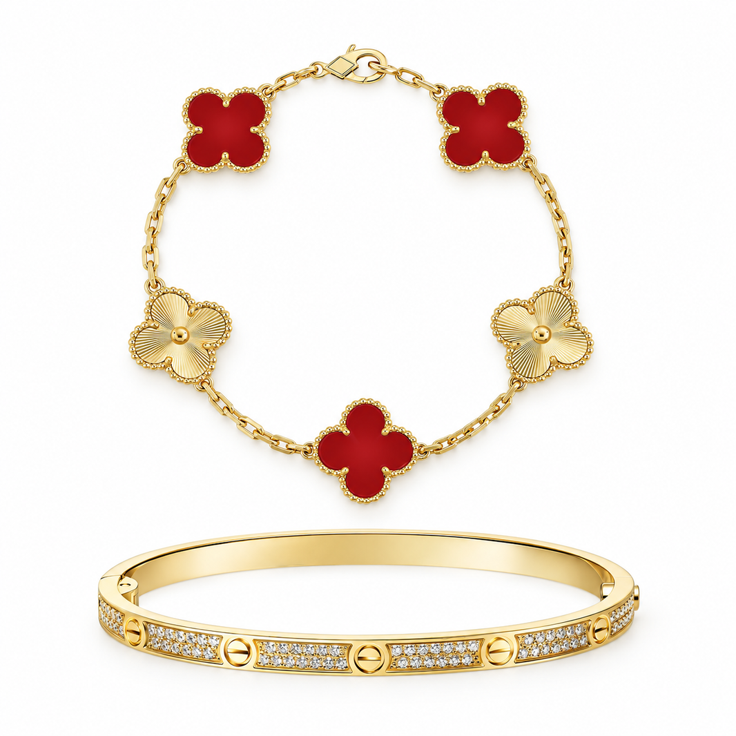 [Luna Brilliance]Clover & Love Diamond-Paved Radiant Line 2-Piece Bracelet Stack Set
