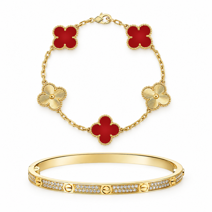[Luna Brilliance]Clover & Love Diamond-Paved Radiant Line 2-Piece Bracelet Stack Set