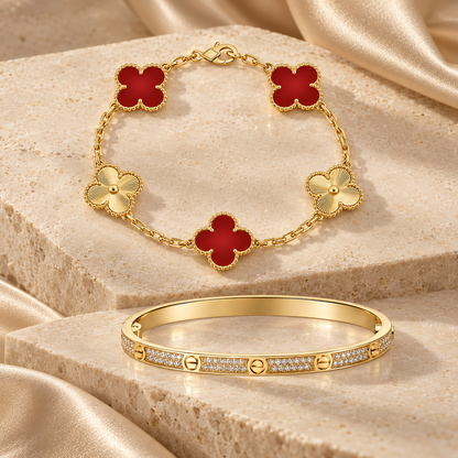 [Luna Brilliance]Clover & Love Diamond-Paved Radiant Line 2-Piece Bracelet Stack Set