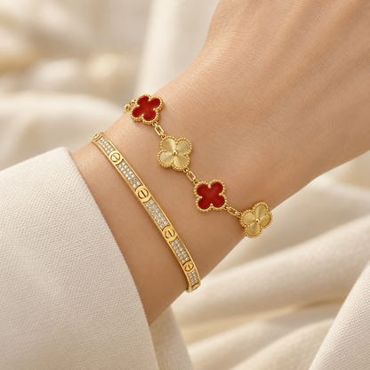 [Luna Brilliance]Clover & Love Diamond-Paved Radiant Line 2-Piece Bracelet Stack Set
