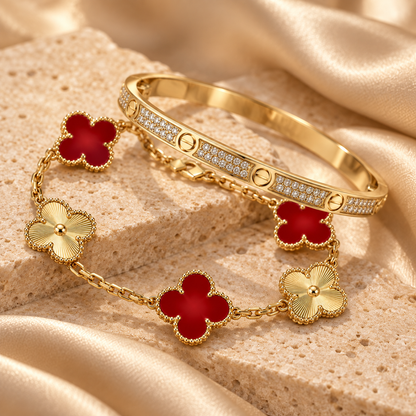 [Luna Brilliance]Clover & Love Diamond-Paved Radiant Line 2-Piece Bracelet Stack Set