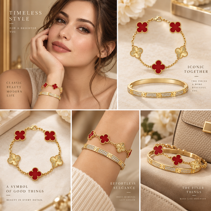 [Luna Brilliance]Clover & Love Diamond-Paved Radiant Line 2-Piece Bracelet Stack Set