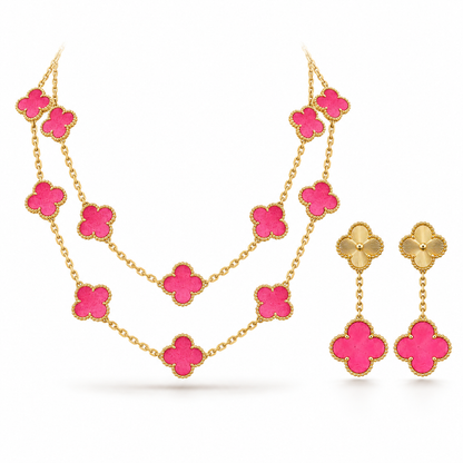 [Luna Brilliance]Clover Pink Enamel Necklace & Earring Jewelry Set
