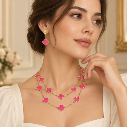 [Luna Brilliance]Clover Pink Enamel Necklace & Earring Jewelry Set