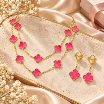 [Luna Brilliance]Clover Pink Enamel Necklace & Earring Jewelry Set