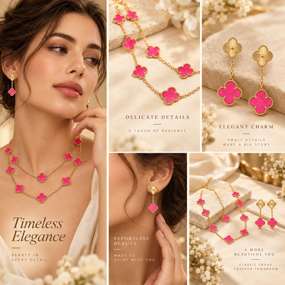 [Luna Brilliance]Clover Pink Enamel Necklace & Earring Jewelry Set