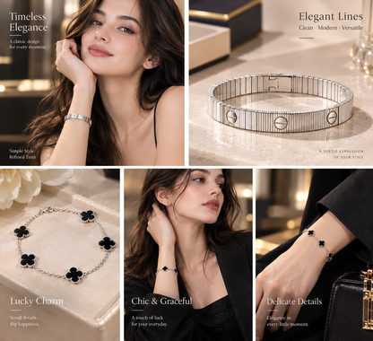 [Luna Brilliance]Clover & Love Sliver 2-Piece Bracelet Stack Set