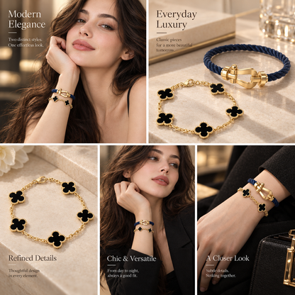 [Luna Brilliance]Force Horseshoe & Clover 5 Motifs Bracelet Stack Set