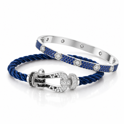 [Luna Brilliance]Pave Gemstone Love &Force Large Horseshoe Diamond Duo Bracelet Stack Set