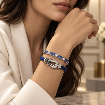 [Luna Brilliance]Pave Gemstone Love &Force Large Horseshoe Diamond Duo Bracelet Stack Set