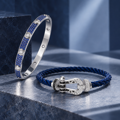 [Luna Brilliance]Pave Gemstone Love &Force Large Horseshoe Diamond Duo Bracelet Stack Set