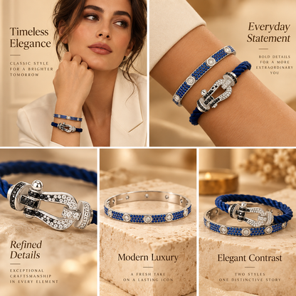 [Luna Brilliance]Pave Gemstone Love &Force Large Horseshoe Diamond Duo Bracelet Stack Set