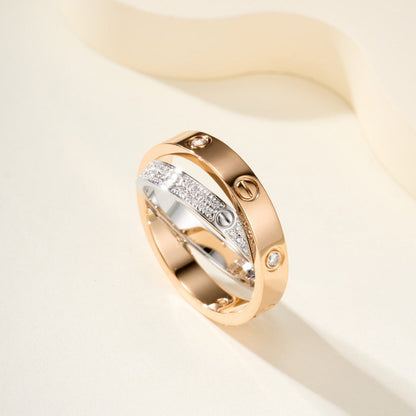 [Luna Brilliance] LOVE PINK GOLD SILVER DIAMOND DOUBLE RING