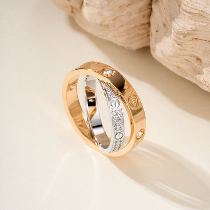 [Luna Brilliance] LOVE PINK GOLD SILVER DIAMOND DOUBLE RING