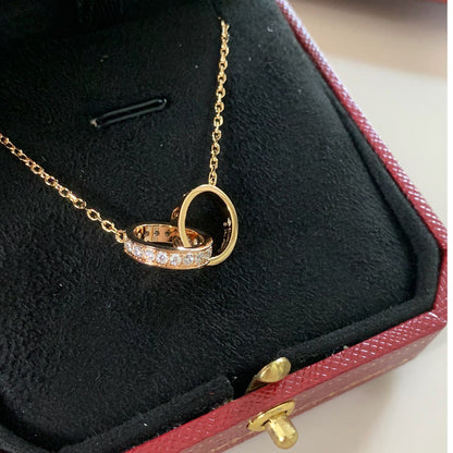 [Luna Brilliance] LOVE DOUBLE RING HALF DIAMOND NECKLACE