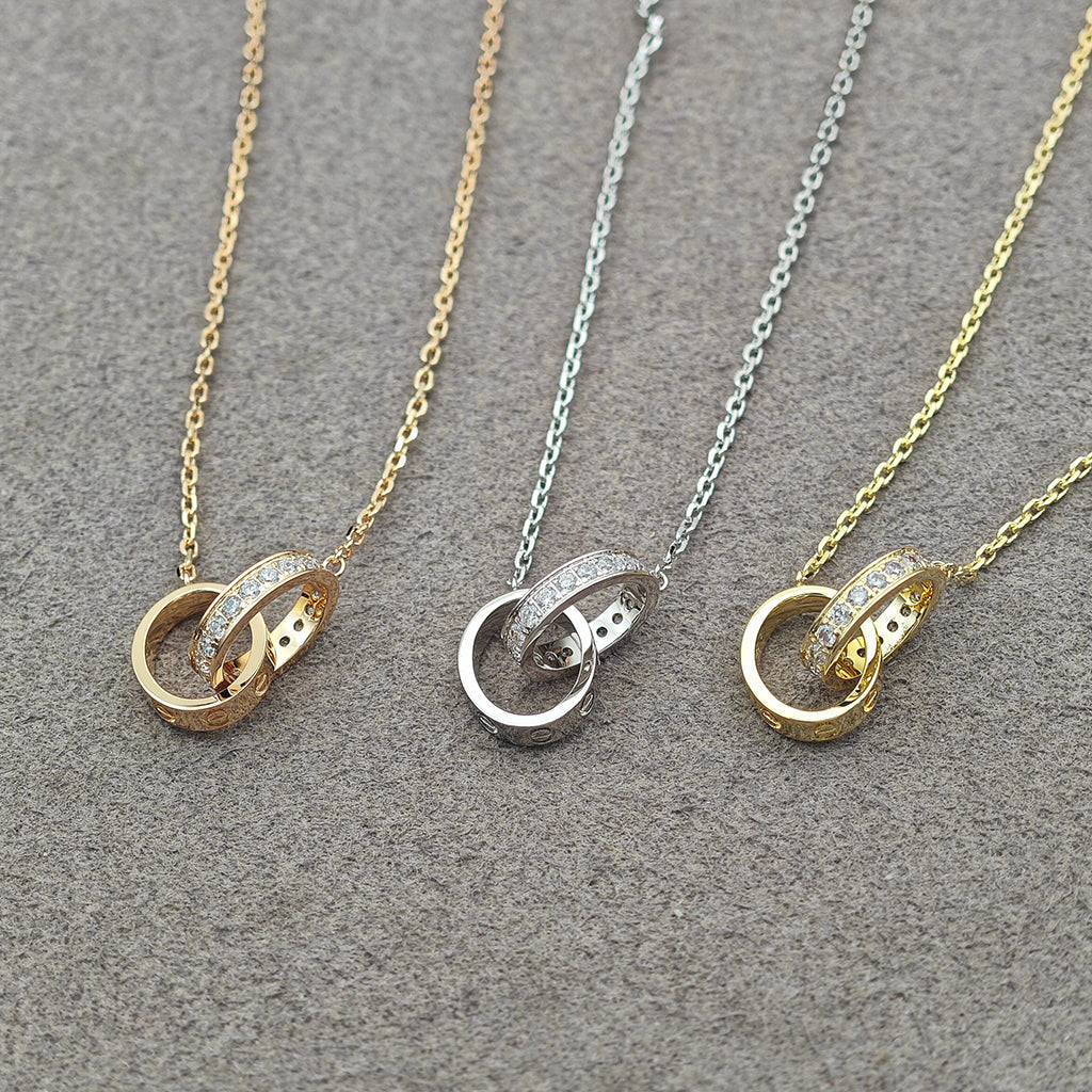 [Luna Brilliance] LOVE DOUBLE RING HALF DIAMOND NECKLACE
