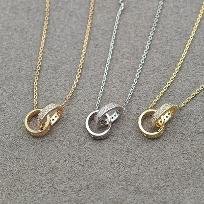 [Luna Brilliance] LOVE DOUBLE RING HALF DIAMOND NECKLACE