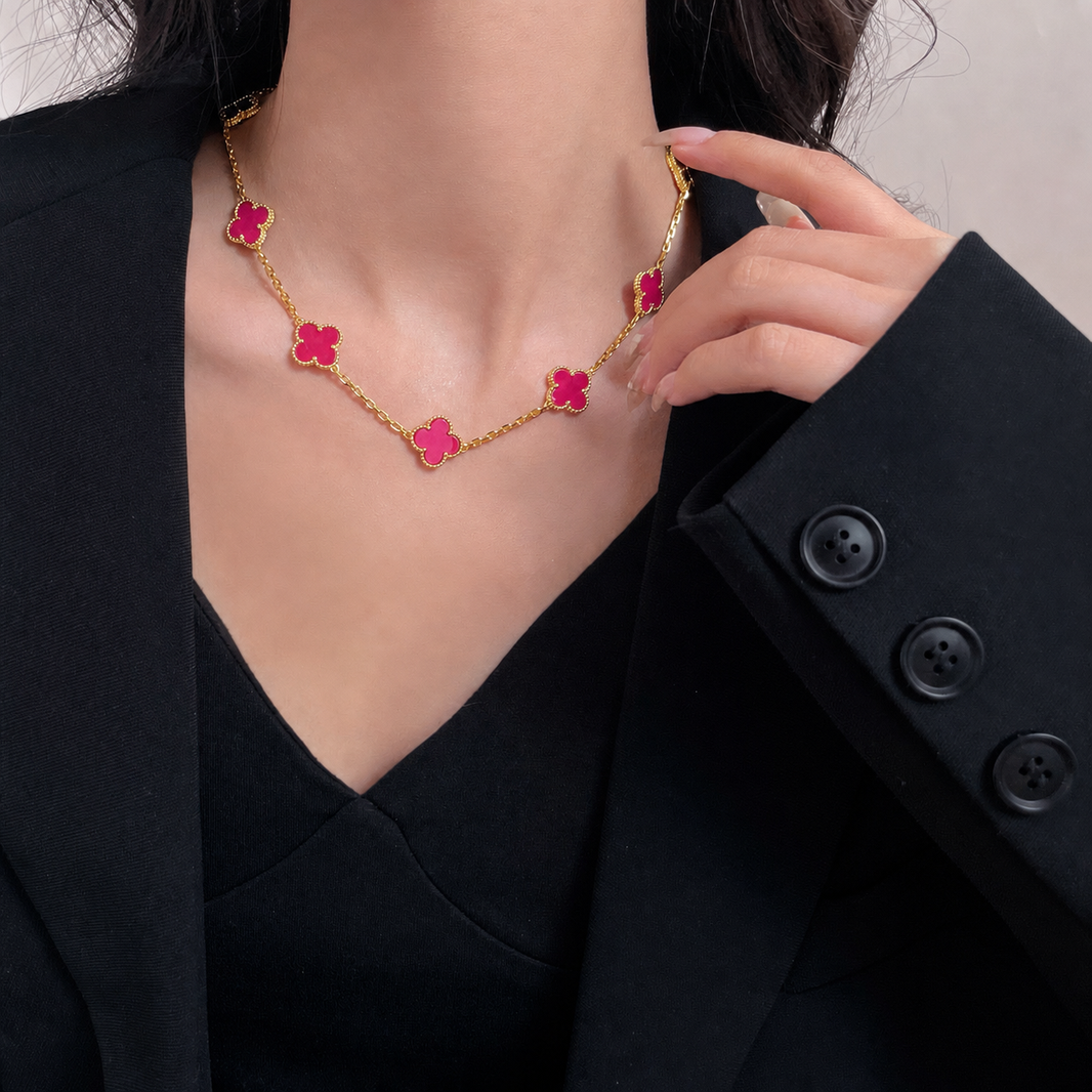[Luna Brilliance]NEW CLOVER 10 MOTIFS PINK ENAMEL NECKLACE