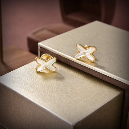 [Luna Brilliance]JEUX DE WHITE MOP GOLD DIAMOND EARRINGS