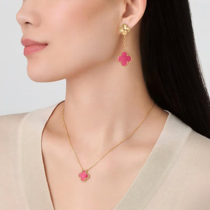 [Luna Brilliance]NEW CLOVER 2 MOTIF PINK ENAMEL EARRINGS
