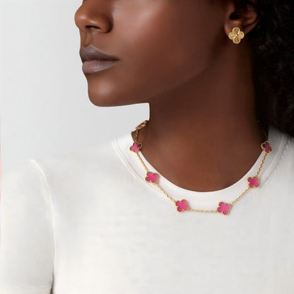 [Luna Brilliance]NEW CLOVER 10 MOTIFS PINK ENAMEL NECKLACE