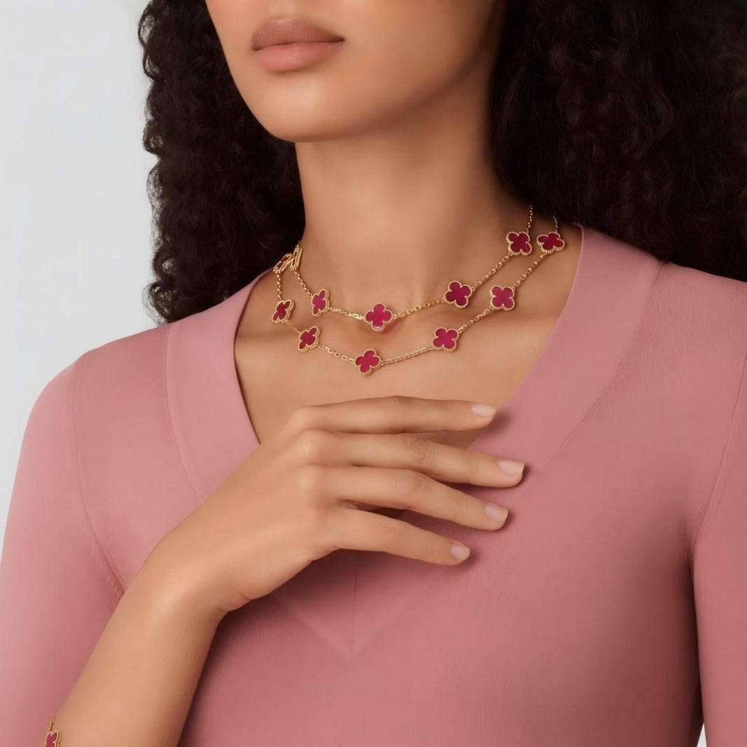 [Luna Brilliance]Clover Pink Enamel Necklace & Earring Jewelry Set