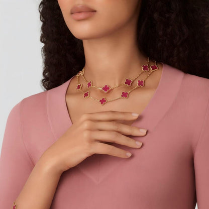 [Luna Brilliance]Clover Pink Enamel Necklace & Earring Jewelry Set