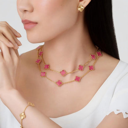 [Luna Brilliance]Clover Pink Enamel Necklace & Earring Jewelry Set
