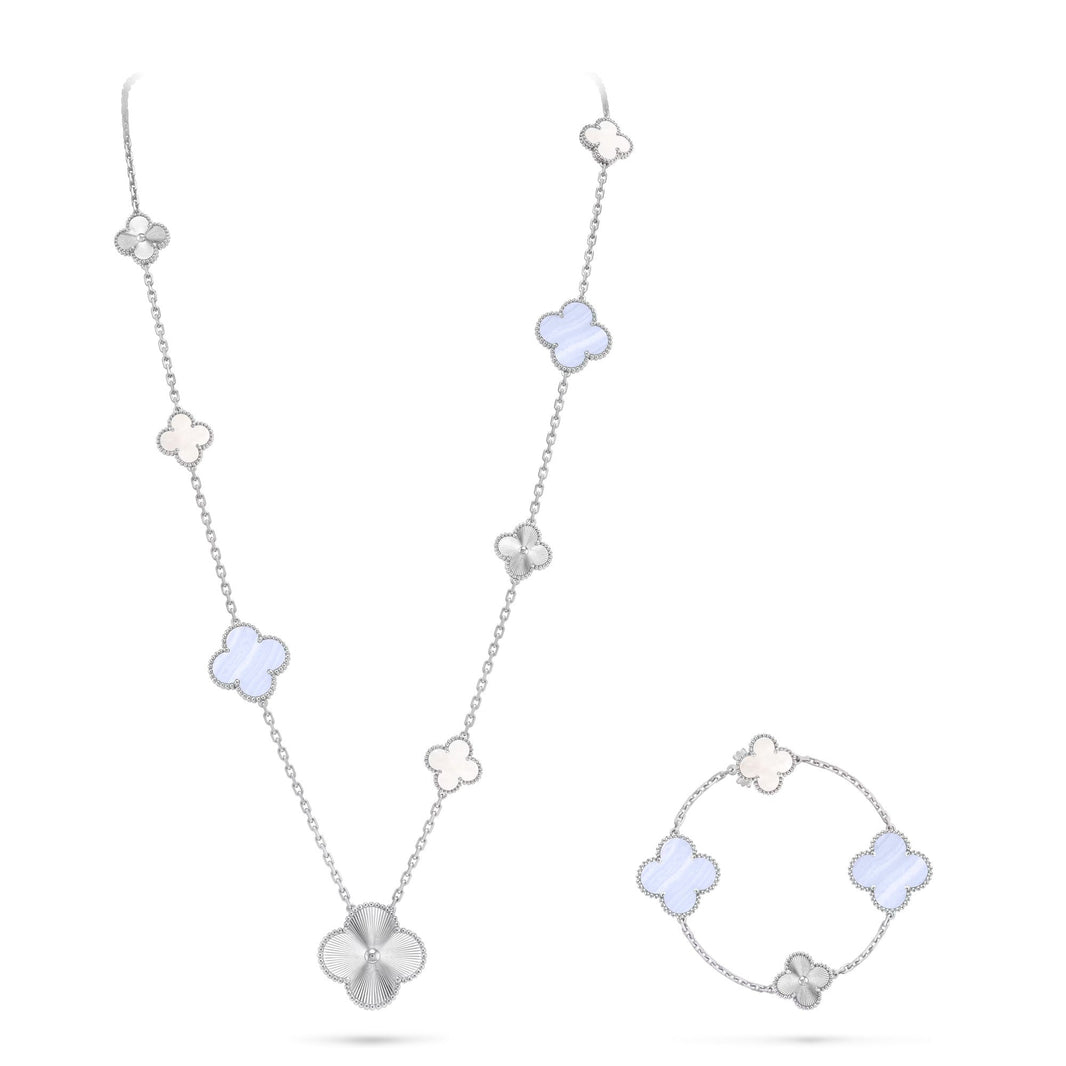 [Luna Brilliance]DETACHABLE CLOVER 15(11+4) FLOWER SILVER NECKLACE SET